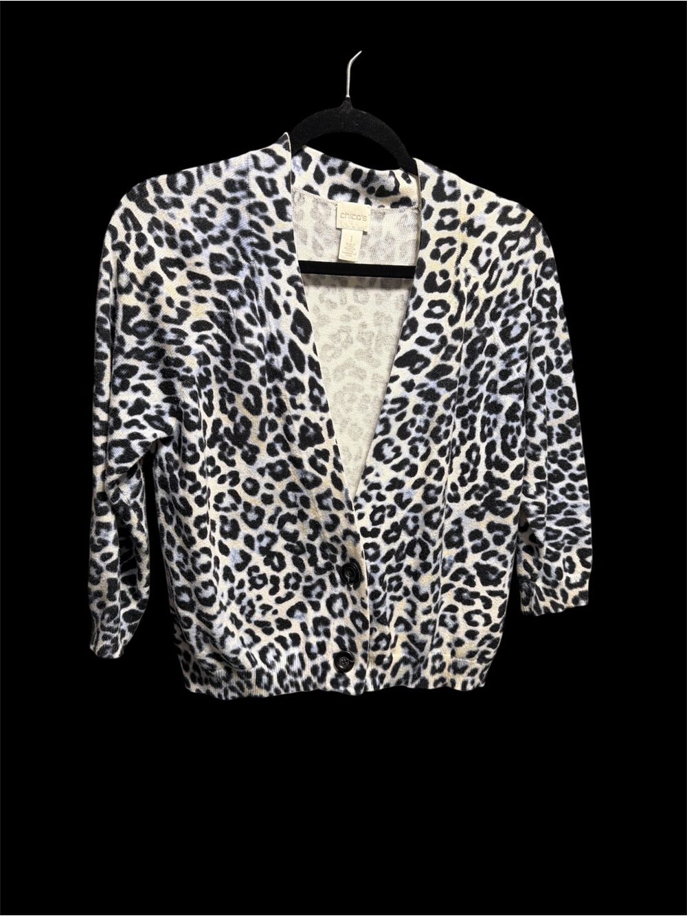 Chico's Black and White Leopard-Print Button Cardigan light sweater.